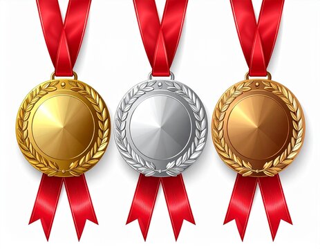 金銀銅メダルと赤リボンの表彰デザインセット｜メダル 金 銀 銅 表彰