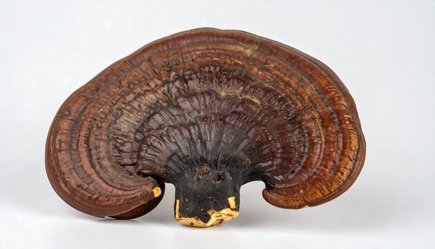 Polished, dark brown mushroom cap with radial growth rings and a black stem on a bright white background