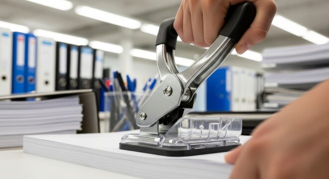 Hand operating a hole punch on documents