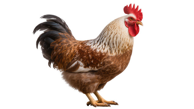 Brown speckled rooster with red comb and tail feathers standing