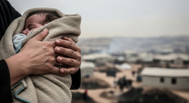 Refugee mother holding baby wrapped in blanket at camp with makeshift shelters in background.