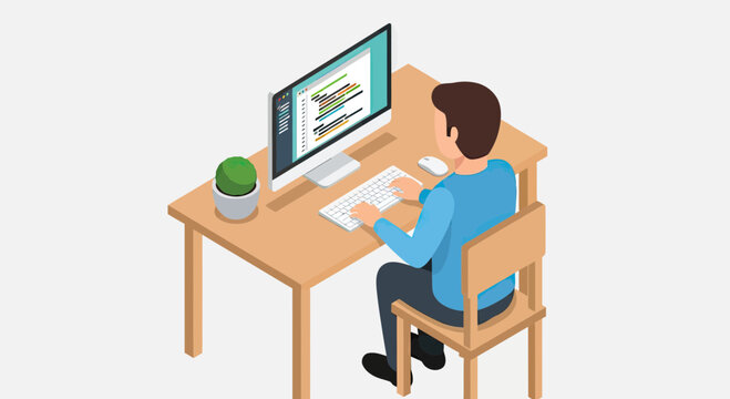 Isometric Illustration of a Software Developer Coding on a Desktop Computer at a Minimalist Office Desk
