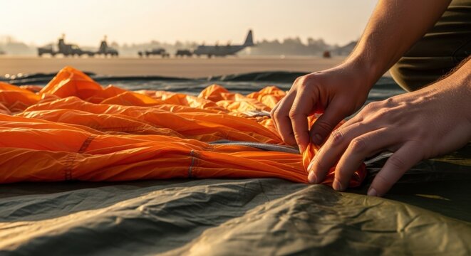 Preparing parachute for military operation with soldier's hands skillfully folding orange fabric on green canvas.