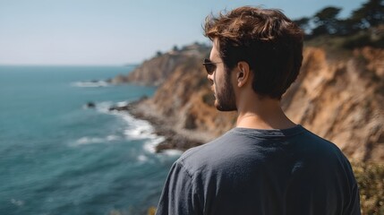 Fototapeta premium A man stands contemplatively on a rugged cliff overlooking the deep blue ocean expanse during a sunny coastal journey