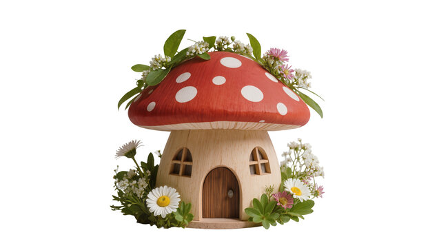 Red spotted mushroom house with wooden door and surrounding greenery