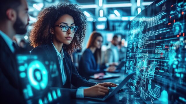 Diverse team coding, analyzing data, office background