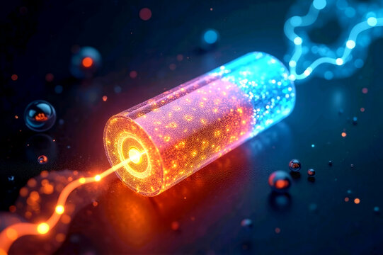 High resolution 3D render of a futuristic glowing battery cell. Concept of advanced electric vehicle power, quantum energy storage, and innovative technology.
