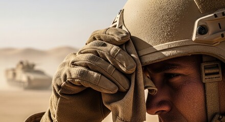 Obraz premium Soldier in desert with military helmet and tactical gloves, observing surroundings in dusty environment. Soldier's intense focus captures the essence of military life in harsh conditions.
