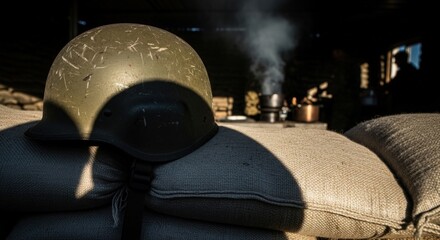 Obraz premium Military helmet on sandbags with smoke in background creating war atmosphere and setting. Military scene includes tactical gear, preparation for action in challenging environments.