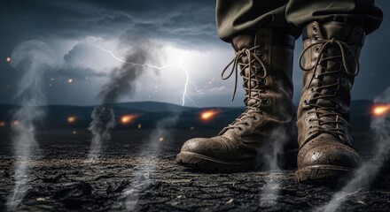 Obraz premium Military boots standing on battlefield with dramatic smoke and lightning creating intense atmosphere. Boots are covered in mud and show signs of wear, symbolizing resilience during war.