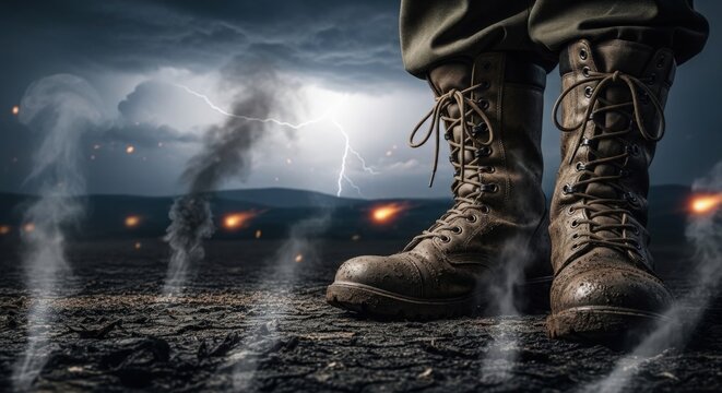 Military boots standing on battlefield with dramatic smoke and lightning creating intense atmosphere. Boots are covered in mud and show signs of wear, symbolizing resilience during war.