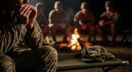 Obraz premium Soldiers gathering around campfire with relaxed expressions and shared camaraderie during nighttime in military environment, reflecting unity in challenging times. Concept for war-themed photography.