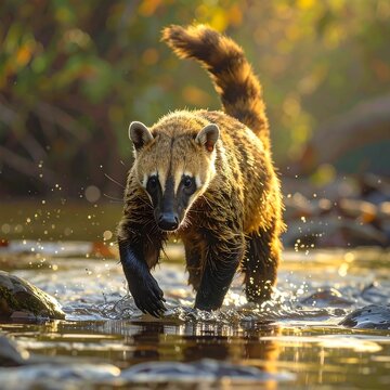 A coati wades through shallow water with a natural background