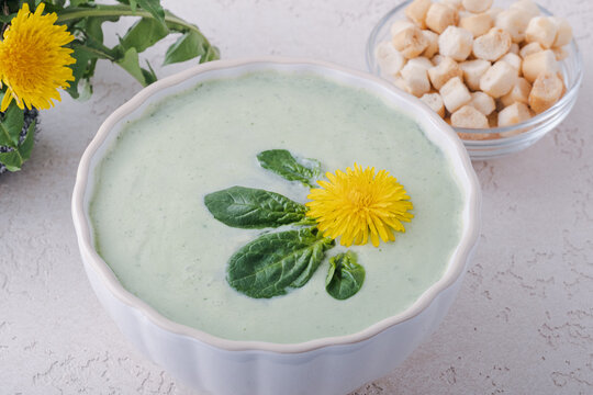 Close up of a bowl of fresh green soup sits on a light background. A dandelion flower and leaves float on top. A bowl of crackers is placed nearby, ready to enjoy. Healthy and vegan food