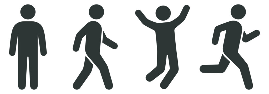 people activity icons set with human silhouettes showing walking running and jumping poses, simple black vector illustration on transparent background