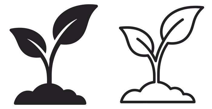 plant sprout icon with leaves and soil, outline and silhouette vector illustration isolated on transparent background
