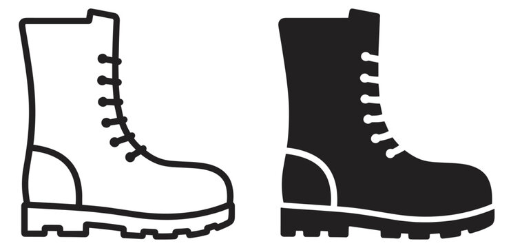 work boot icon with laces and sole, outline and silhouette vector illustration isolated on transparent background