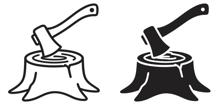 axe in tree stump icon for logging and wood cutting, outline and silhouette vector illustration isolated on transparent background