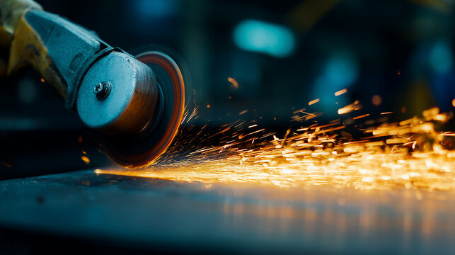 Angle grinder cutting metal with bright sparks flying in workshop, industrial manufacturing concept, power tool, steel processing, engineering, construction work, fabrication and h