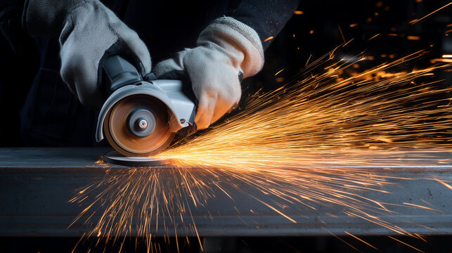 Angle grinder cutting metal with intense flying sparks, realistic industrial fabrication scene with protective gloves, power tool action, steel processing and dramatic workshop ene