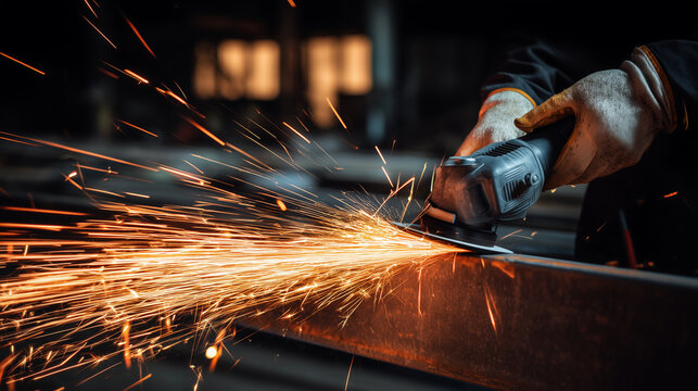 Angle grinder cutting metal with intense flying sparks, realistic industrial fabrication scene with protective gloves, power tool action, steel processing and dramatic workshop ene