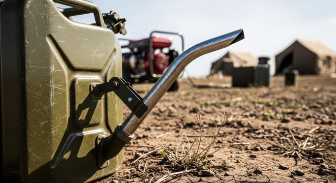 Military fuel canister placed on arid ground with background tents and fuel pump equipment. Fuel canister is essential for military operations, showcasing resourcefulness in challenging environments.