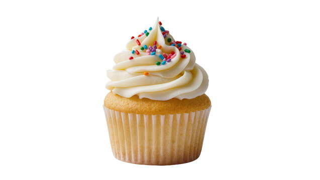 Vanilla cupcake with creamy frosting and colorful sprinkles