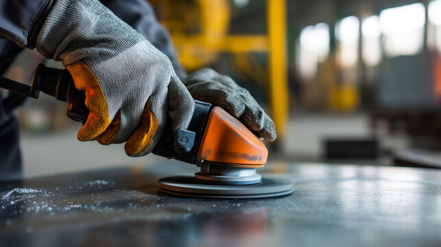 Worker using handheld angle grinder on metal surface in industrial workshop, realistic fabrication and maintenance scene with protective gloves, power tool action, steel processing