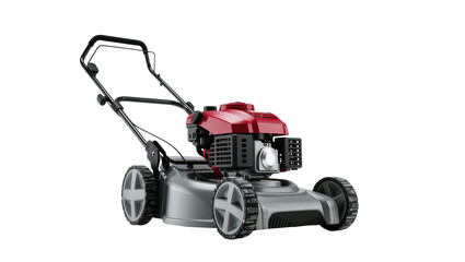 Obraz premium Gray plastic lawnmower with red engine and black wheels