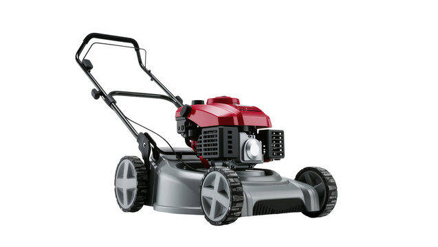 Gray plastic lawnmower with red engine and black wheels