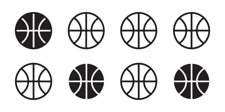 Collection of Basketball Icons - Various Line Weights and Solid Fill Sports Symbols