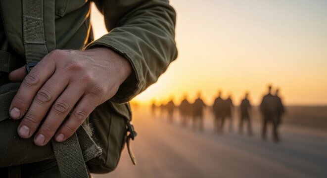 Soldier holding weapon with troops marching at sunset. Military scene includes soldiers in uniforms walking in formation along road. Concept war photography for military events or related themes.