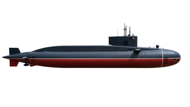 Dark gray and red Russian Akula Class Nuclear Attack Submarine