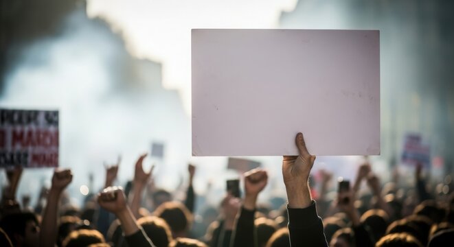 Protest march with raised fists holding blank sign in crowd, demonstration against social issues gaining attention, rallying for change in society and bringing awareness to urgent matters of concern.