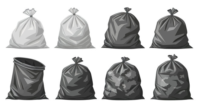 Collection of garbage bags, trash bags, and refuse sacks in various sizes and states