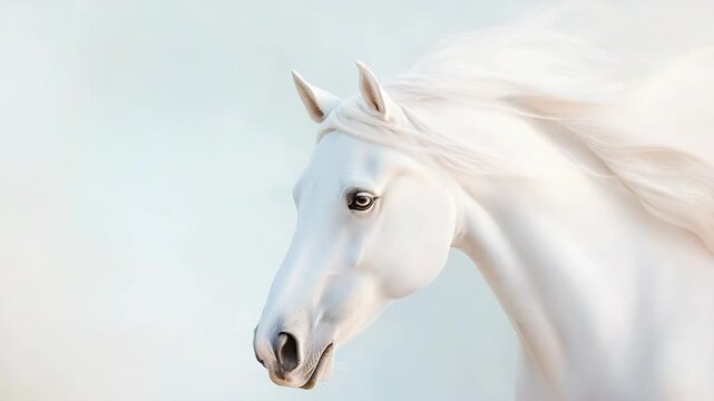 The horse moves gracefully in a light space. Its mane flows as it turns its head. The focus is on its features and calm presence. This is a close look at the horse's beauty and elegance