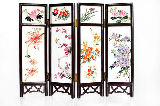 Oriental Folding Screen with reflection, isolated on white