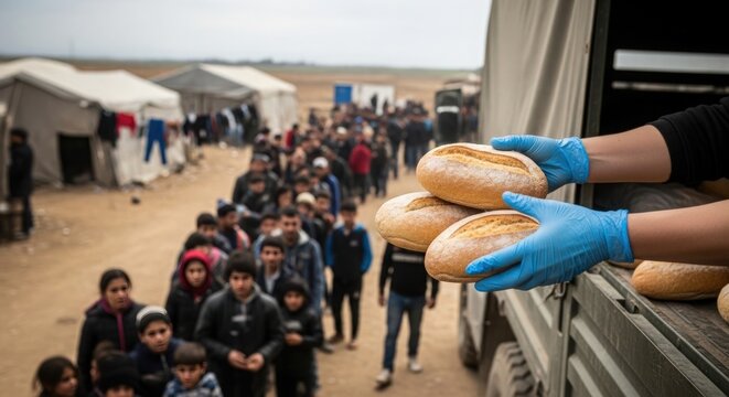 Distribution of bread to refugees in camp with children and adults waiting in line. People receive essential food supplies in challenging conditions,