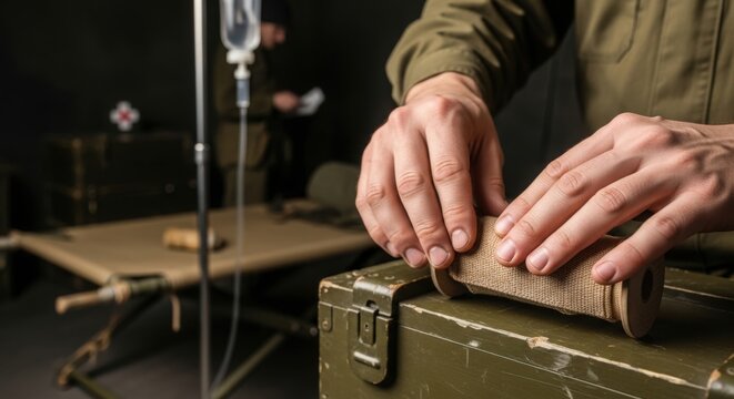 Medical treatment scene with soldier preparing supplies in makeshift field hospital. Military aid involves hands wrapping medical materials securely on supply cases.