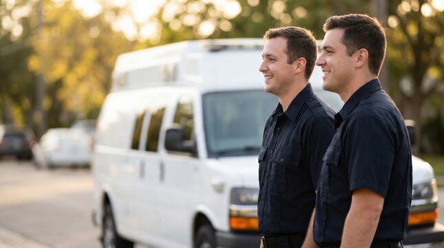 Two male paramedics or emergency medical technicians standing outside with an ambulance in the background.