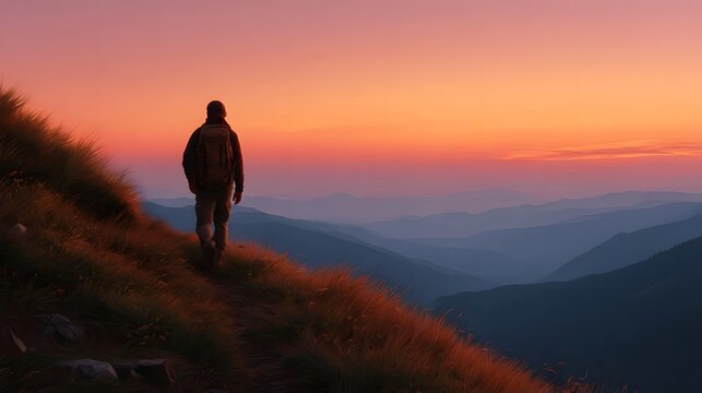 A lone traveler stands on a grassy mountain ridge overlooking a breathtaking sunset vista