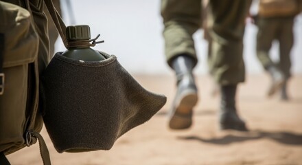 Obraz premium Military soldiers walking in desert with backpack and water canteen attached to gear. Soldiers carry essential supplies, emphasizing readiness and endurance in challenging conditions.