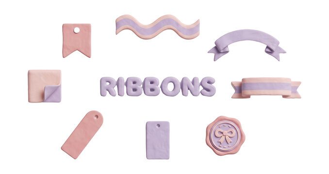 Set of chunky 3D clay ribbons and decorative banners for graphic design on a white background