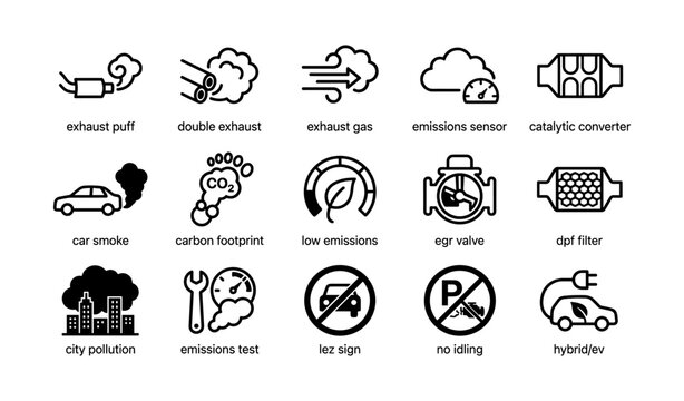 Vehicle emissions and pollution icons arranged in grid on white