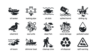 Fototapeta premium Oil spill icons showing pollution causes and cleanup on white