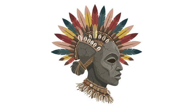 asaro mudman mask tribal vector illustration with feathers on transparent background