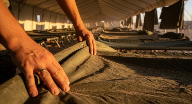 Preparing military camp beds in temporary shelter with hands folding fabric. Military camp setup involves arranging cots and bedding for personnel in army tents.