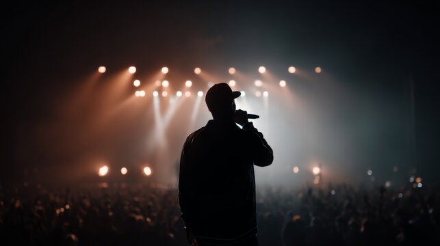 silhouette of a rapper with microphone on stage, fans on the background