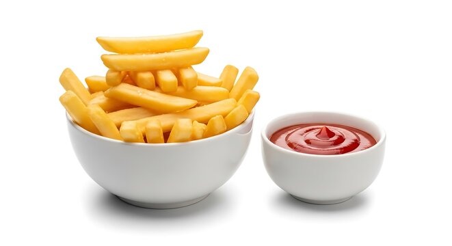 Bowl of french fries with ketchup isolated on white background
