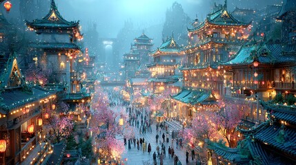 Obraz premium Vibrant cityscape with illuminated structures.